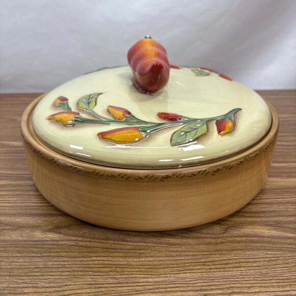 Serrano StoneLite Clay Art Pottery Tortilla Warmer Orange Red Green Brown Colors - Picture 4 of 13